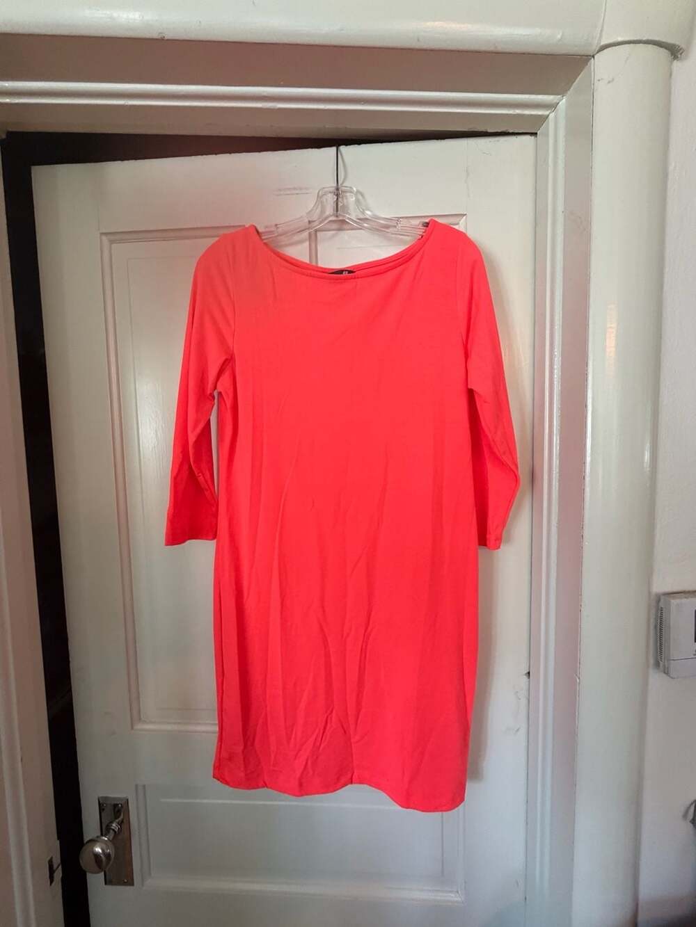 H&M Basic Neon Coral Pink Long Sleeve Boat Neck Shift Dress Medium